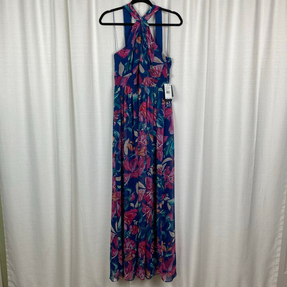 Adrianna Papell Navy Multi Floral Printed Chiffon Halter Gown Sz.4 NWT - Picture 4 of 16